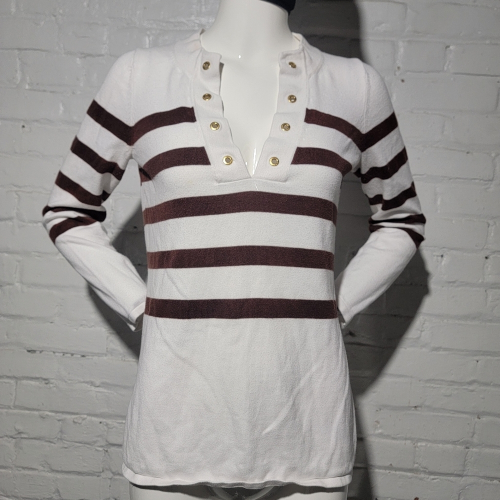 Michael Kors White and Brown V-Neck Sweater